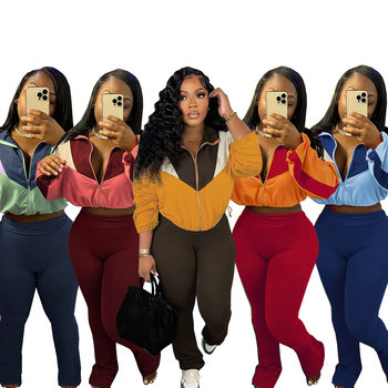 TW545 European and American autumn new German velvet color matching zipper cardigan tights sports two-piece Amazon supply