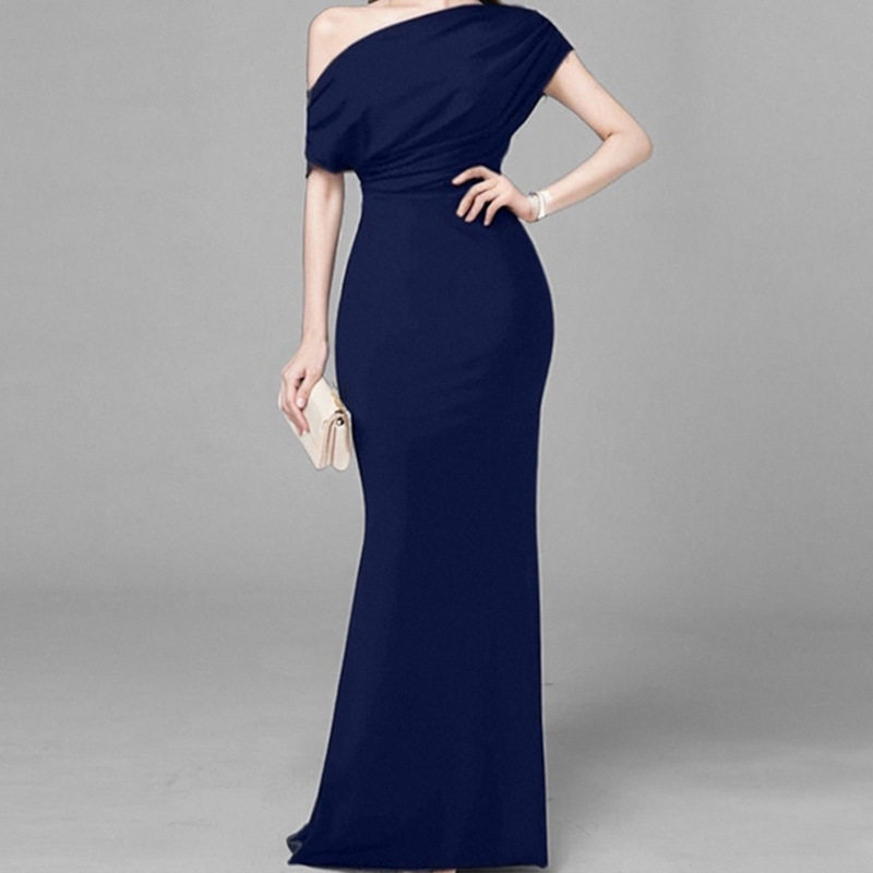 Womens Spring Dress Elegant Solid Color Slim Fit Asymmetrical Shoulder Design Perfect for Parties or Casual Events