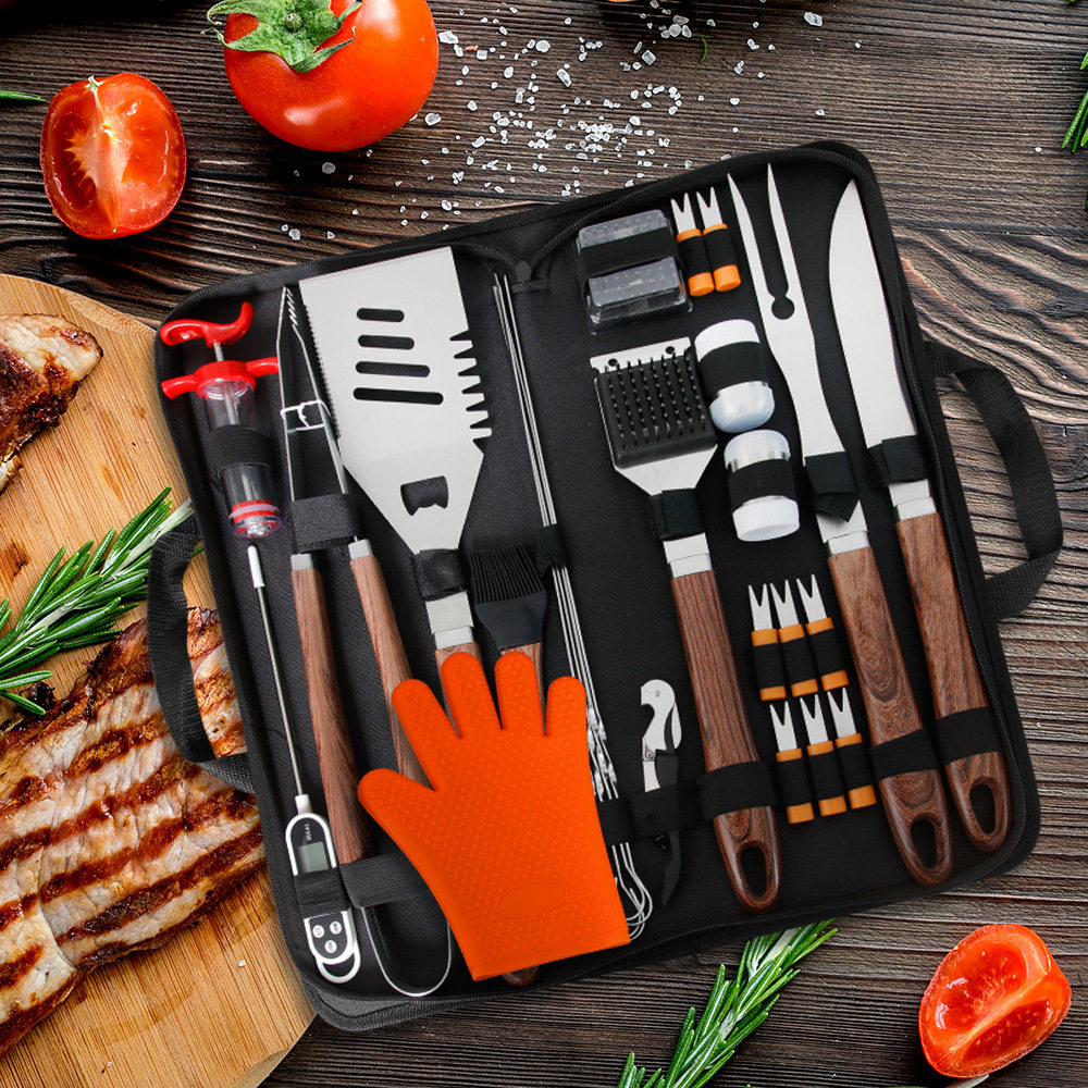 Cross-Border Hot-Selling Barbecue Set 26-Piece Bbq Outdoor Barbecue Tool Set Imitation Colored Wood Pp Handle Grill Set in Stock