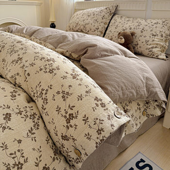 Class a Pure Cotton and Raw Hemp Four-Piece Set, Retro Floral Button Style, Cotton Bed Bed Sheets, Quilt Cover, Three-Piece Bedding Set