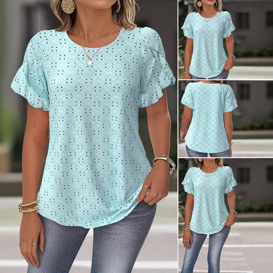 Womens Casual Summer Top Solid Color Lace Trim Short Sleeve Hollow Out Design Perfect for Everyday Wear
