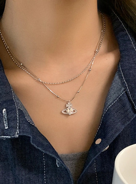 微镶锆石爱心土星碎银子项链女双层叠戴锁骨链女轻奢毛衣链