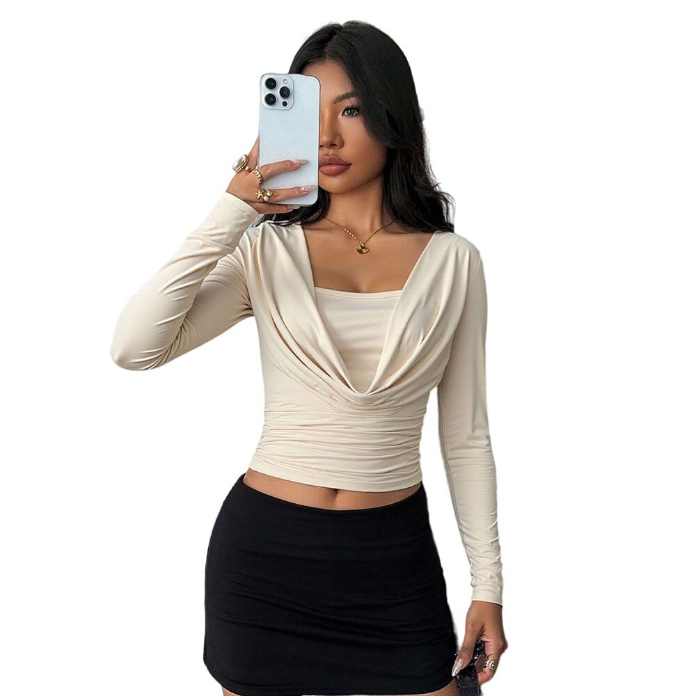Y2K Style Short Knit Top Slim Fit Flowy Neckline Long Sleeve Spring Summer Casual Wear Wholesale Available