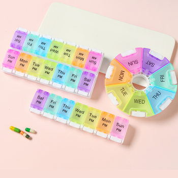 Double-Row Single-Row One-Week Pill Box, Silicone Push-Type Small Pill Box, 14-Compartment Morning and Evening Portable Pill Box