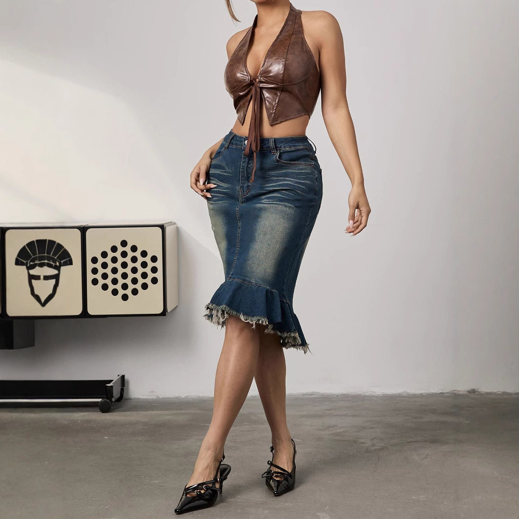 High Waist Denim Mermaid Skirt Stretchy Vintage Style Bodycon Fit Casual Wear for Women Wholesale Available