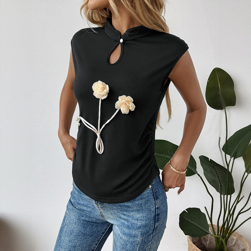 Sleeveless Black Floral Top Unique Chinese Style 3D Design Elegant Detailing Perfect for Casual and Formal Occasions