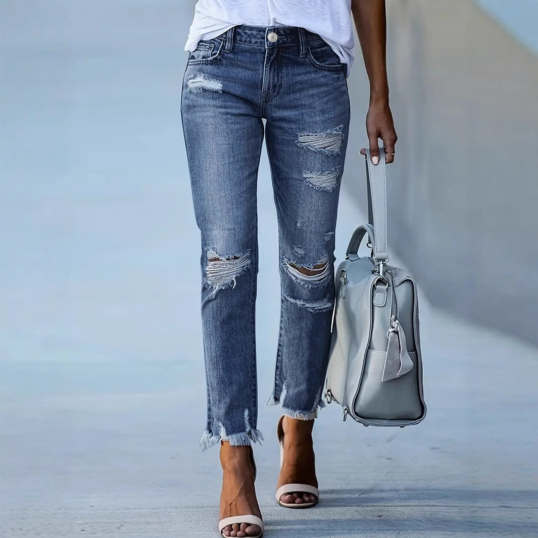 Womens Casual Ripped Skinny Jeans Stretch Fabric Slim Fit Distressed Design Perfect for Everyday Wear Ready to Ship