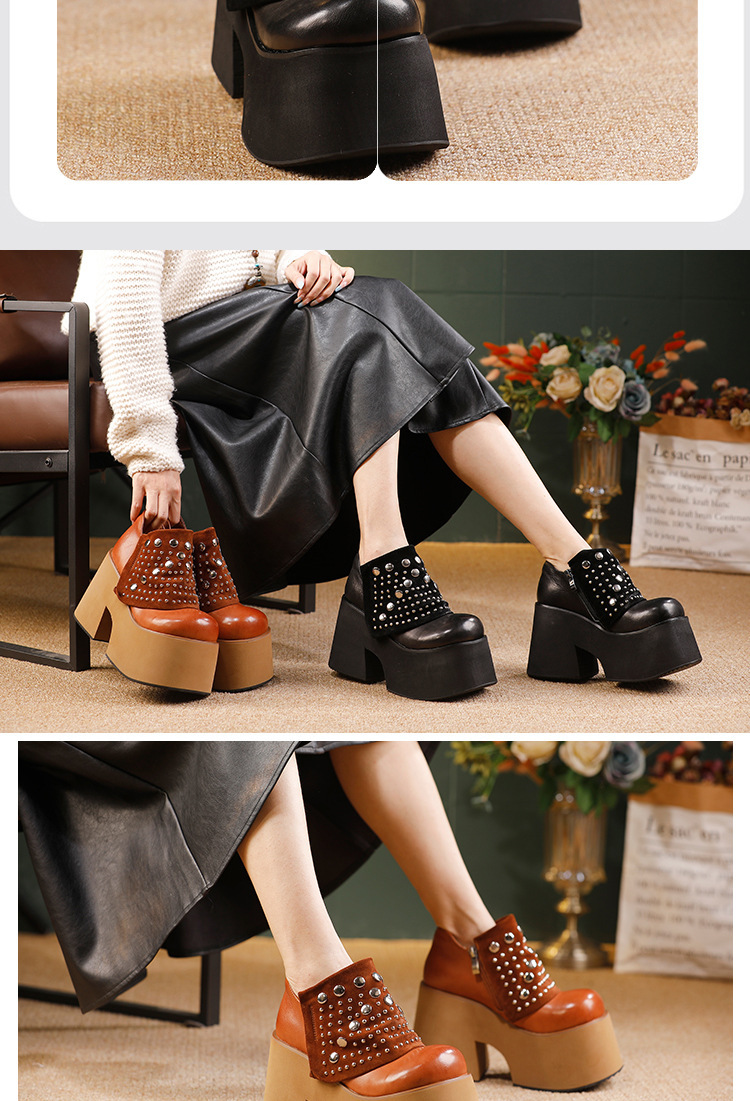 Boot nữ cổ thấp da bò thật đế dày tôn chiều cao, gót vuông khóa kéo bên — đen, màu nâu