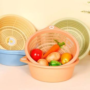 Double-Layer Hollow Fruit Basin Vegetable Washing Basket Drain Basket Household Small Fruit Basket Fruit Plate Creative Kitchen Vegetable Washing Basin