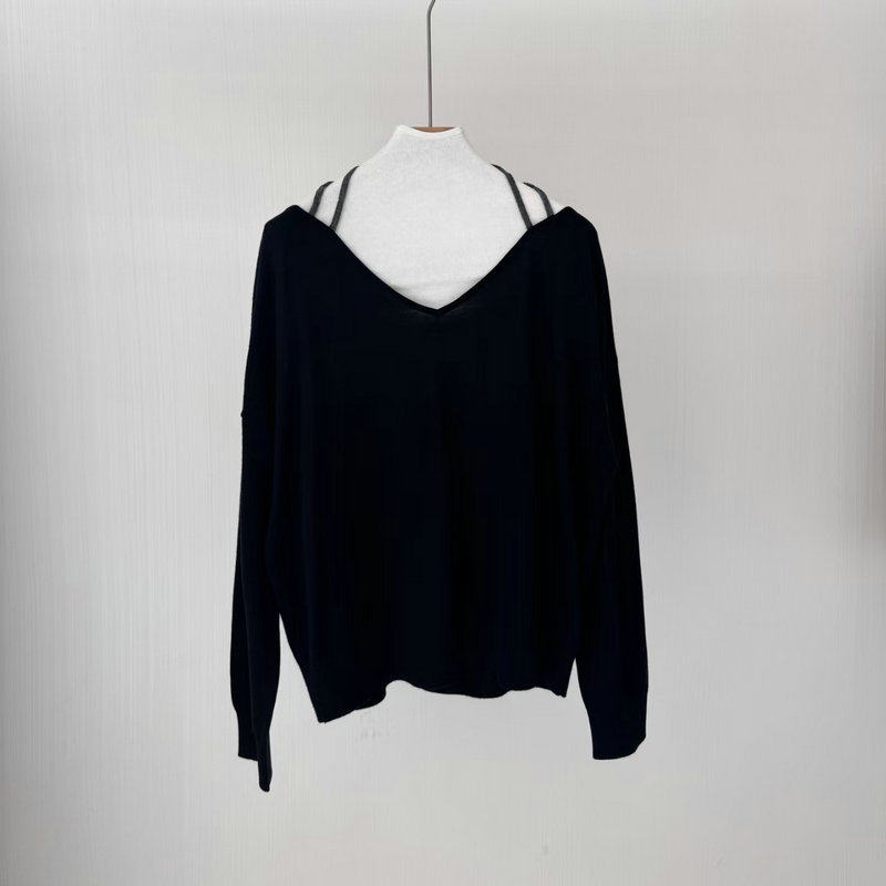 跨境女装26春夏新款BC风V领珠链挂脖针织衫美丽诺羊毛长袖上衣