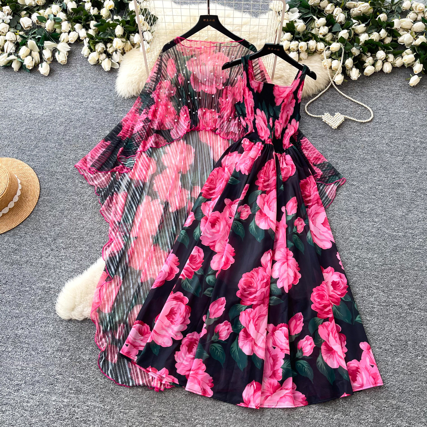 French Style Floral Print Dress Three Quarter Sleeve Waist Defining Slim Fit Beaded Details Summer Casual or Office