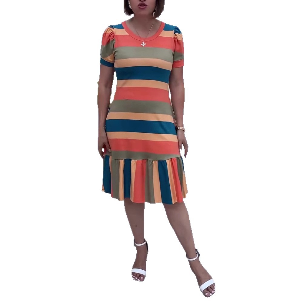 Summer Casual Color Block Floral Print Short Sleeve Round Neck Dress for Women Trendy Design Perfect for Daily Wear
