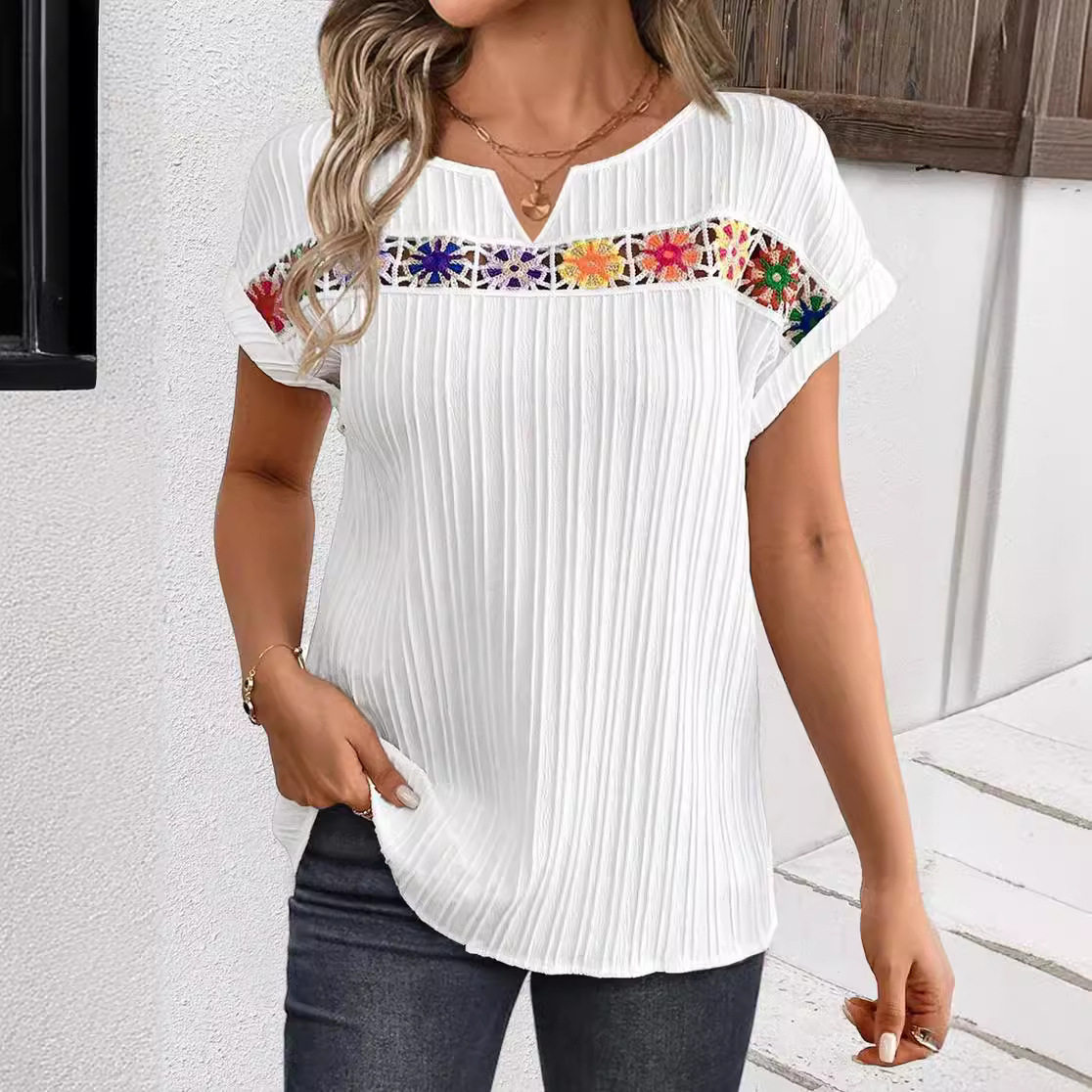 V Neck Short Sleeve Floral Patchwork Top Summer Style Elegant Design Womens Fashion Wholesale Available