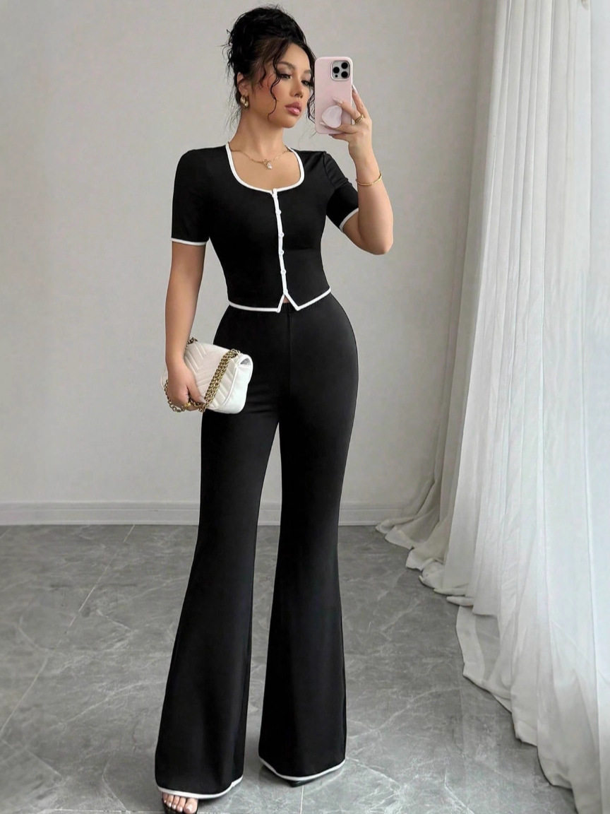 2026 European and American Cross-Border New Style Suit, Spring and Summer Elegant and Sexy Slim-Fit Round-Neck Short-Sleeve Top and Long Pants Two-Piece Set