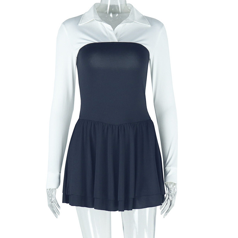 Elegant Color Block Cardigan Dress Stylish Layered Design Lapel Collar Comfortable Fabric Perfect for Casual and