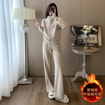 New Fashionable Casual Velvet Sports Suit for Women in Autumn and Winter New Slim and Stylish Hooded Jacket Sweatshirt Wide Leg Pants
