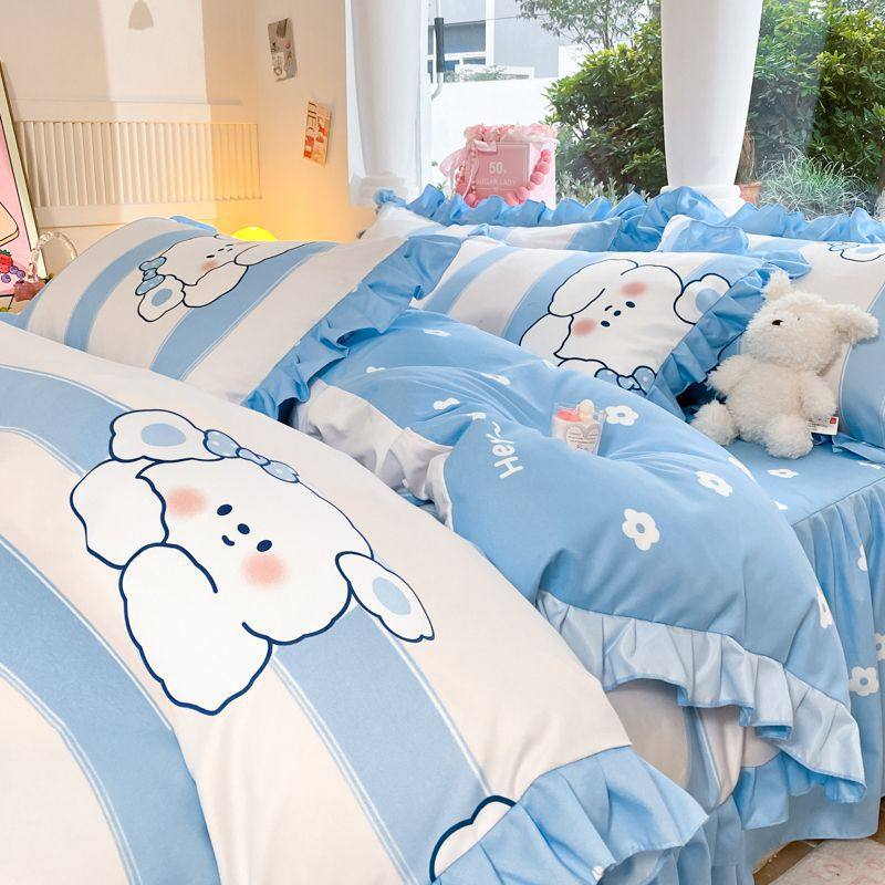 Korean Ins Princess Style A-Grade Maternal and Infant Grade Bed Skirt Four-Piece Set Washed Cotton Brushed Bed Bed Sheets Quilt Cover Dormitory Three-Piece Set