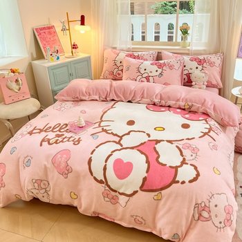 Sanrio Large Version Cartoon Milk Velvet Four-Piece Set Cute Kt Cat Thickeneded Coral Velvet Warm Kidsren's Bed Bed Sheets Quilt Cover