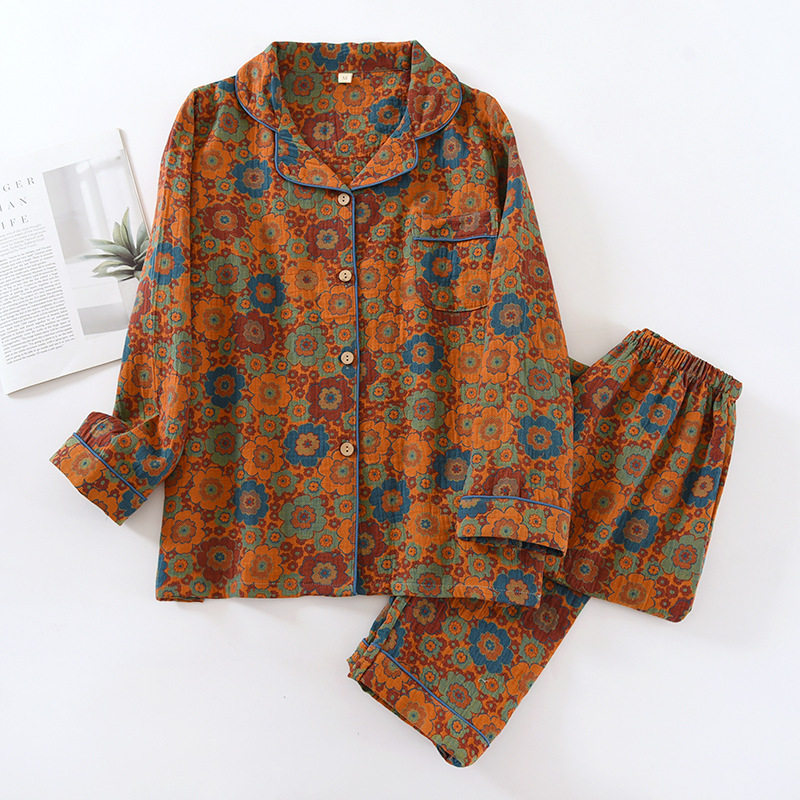 翻领双层纱布睡衣女春夏秋薄款长袖长裤套装开衫家居服二件套外穿