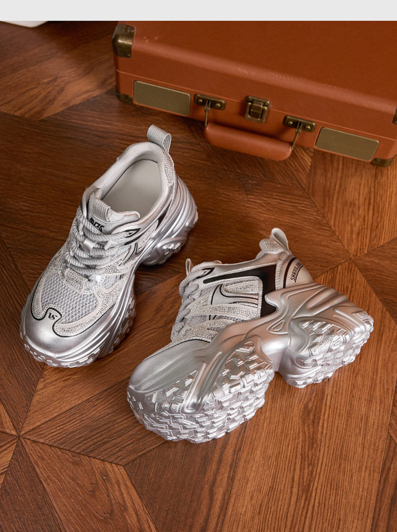 Giày sneaker nữ chunky đế dày lưới thoáng họa tiết đá quý gót 10 cm — Bạc, Trắng chi tiết 14