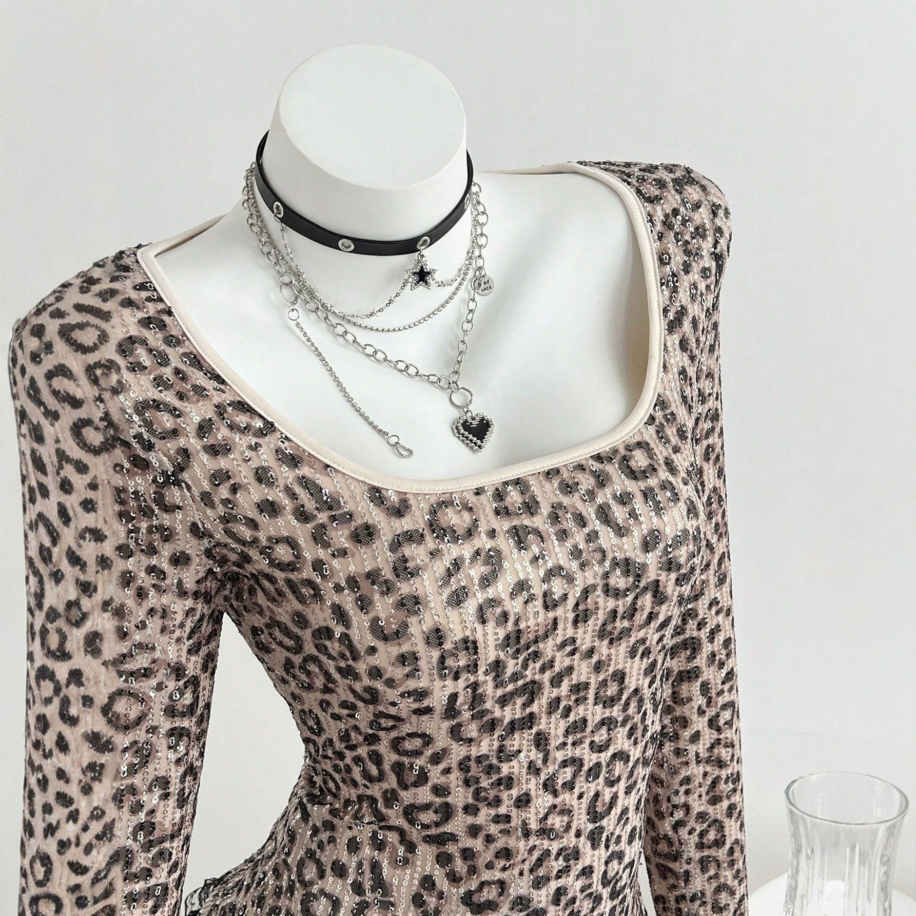Leopard Print Long Sleeve T Shirt Slim Fit Square Neck Trendy Design Casual Wear for Women Ready to Ship