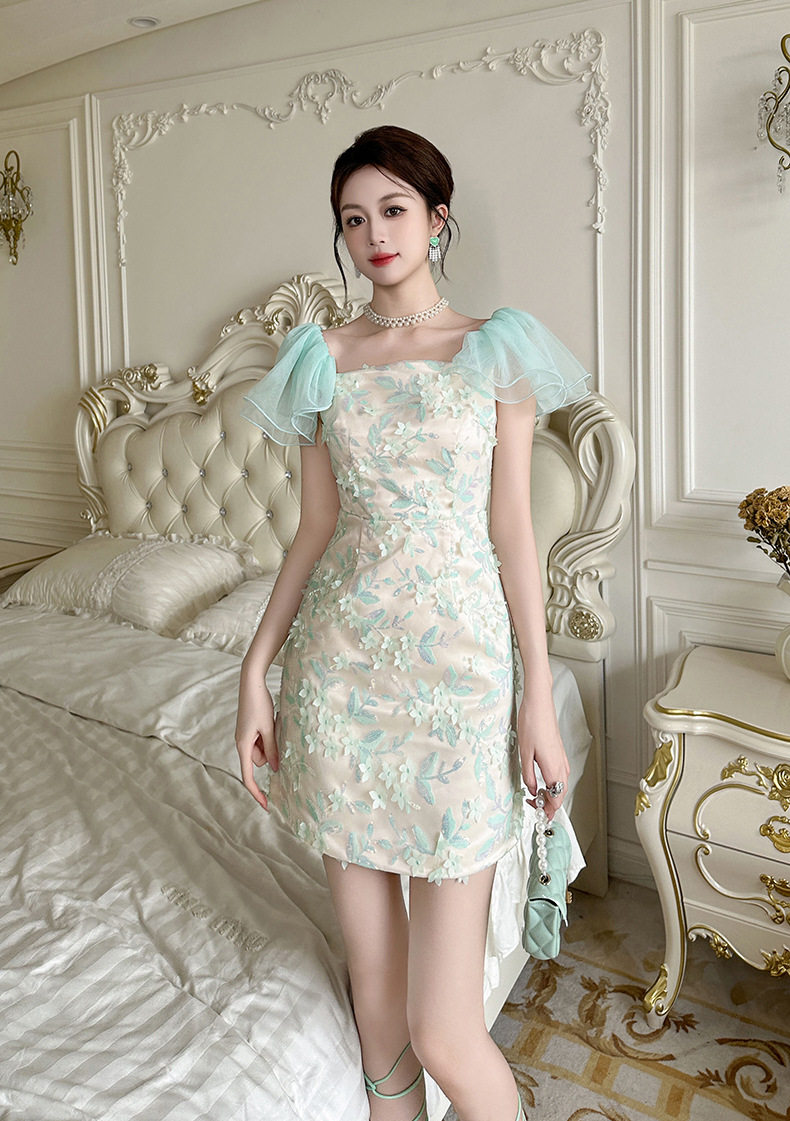 Đầm midi suông tay bồng cổ vuông phong cách Pháp cho nữ teen — [Xanh lá] chi tiết 7