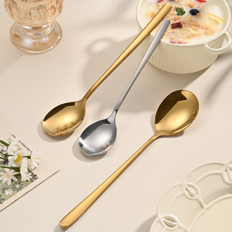 Korean Spoon 304 Stainless Steel Spoon Fork Thickeneded Long Handle Household Eating and Drinking Soup Gift Spoon Can Laser LOGO
