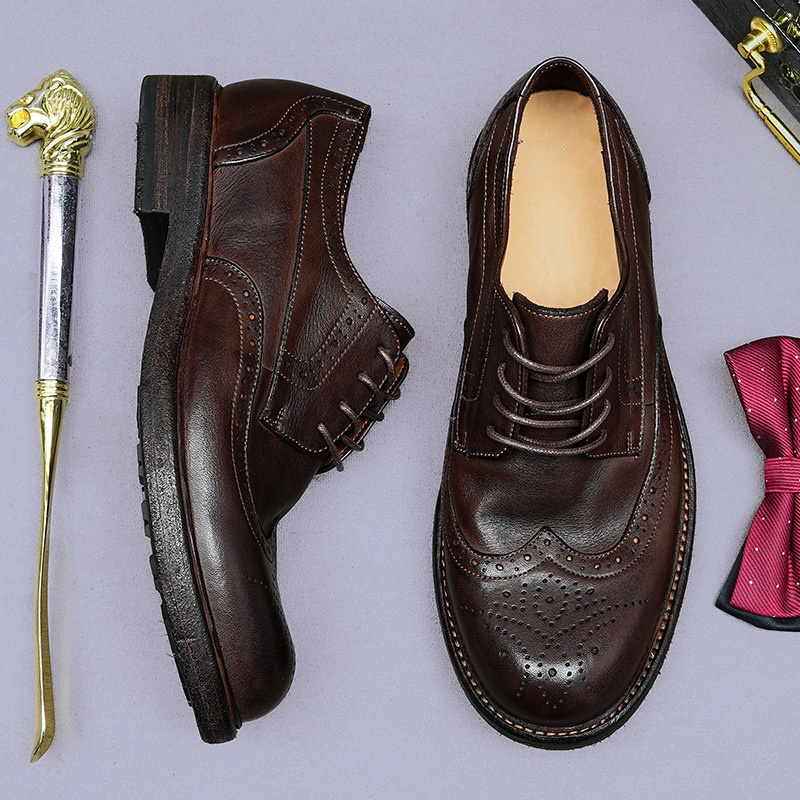 Giày Derby nam da bò thật đế da thủ công Goodyear mũi tròn — Màu đen, Màu cà phê