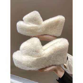 Furry Slippers for Women to Wear Outside Wedding Dresses 2025 Autumn and Winter Hot New Products Thick-Soled Wedge Heels Platform Heels to Increase Height