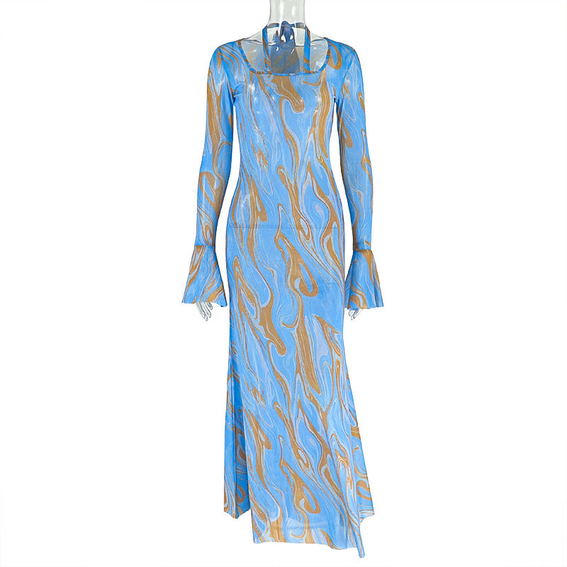 Tie Dye Maxi Dress Lightweight Sheer Slim Fit Flared Sleeves Casual Wear for Spring Summer Wholesale Available
