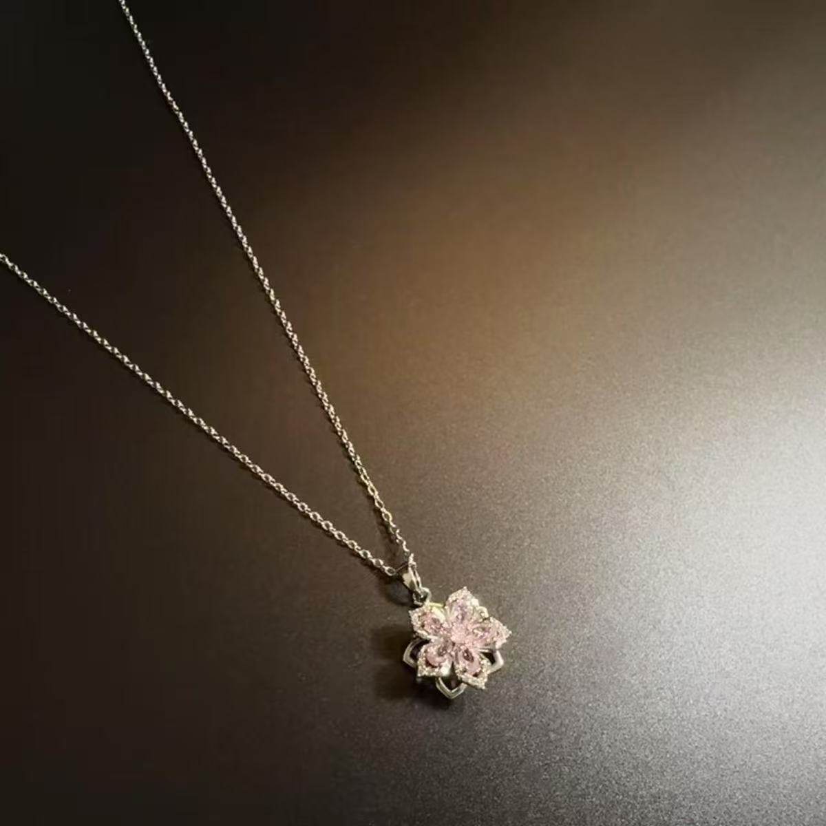 Vintage Silverbloom Necklace for Women Ins Pink Bauhinia High-Value Pendant Clavicle Chain