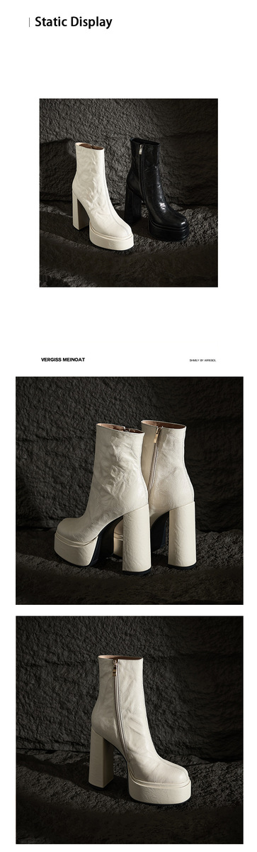 Boot nữ cổ ngắn gót thô siêu cao 13.5cm da cừu mũi tròn có khóa kéo bên hông — Lớp lót đơn màu đen, Lót đơn màu trắng kem, Lót nhung đen, Lót nhung màu be