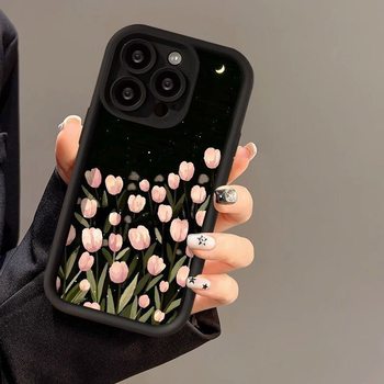 Black Tulip Suitable for Apple 15Pormax Mobile Phone Case Iphone15Plus Anti-Fall 14 European and American 13 Aesthetic