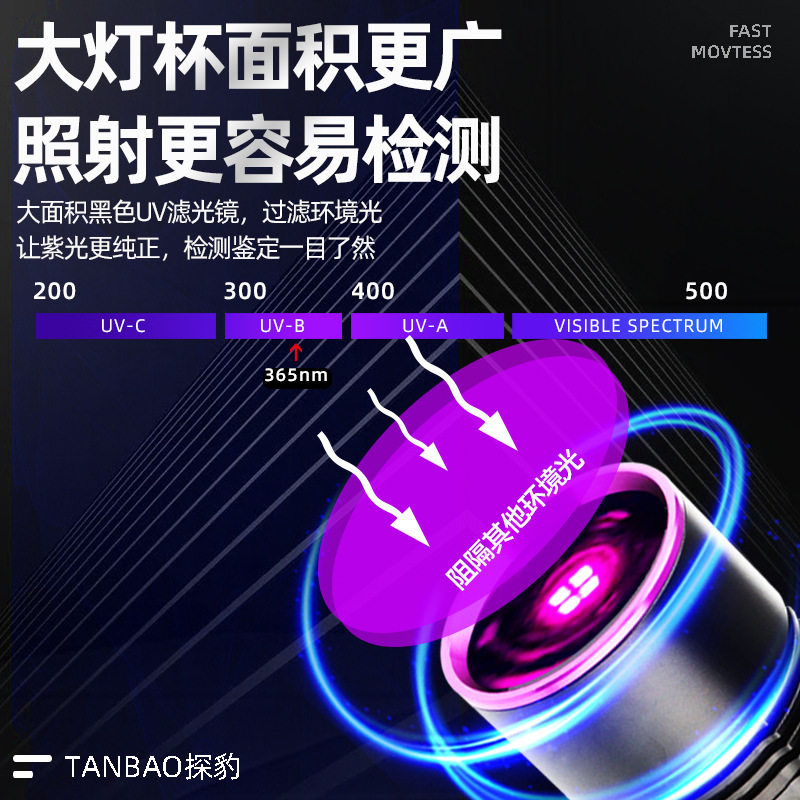 High-power purple light strong light identification flashlight banknote checking text play ceramic glue curing fluorescent agent ultraviolet light