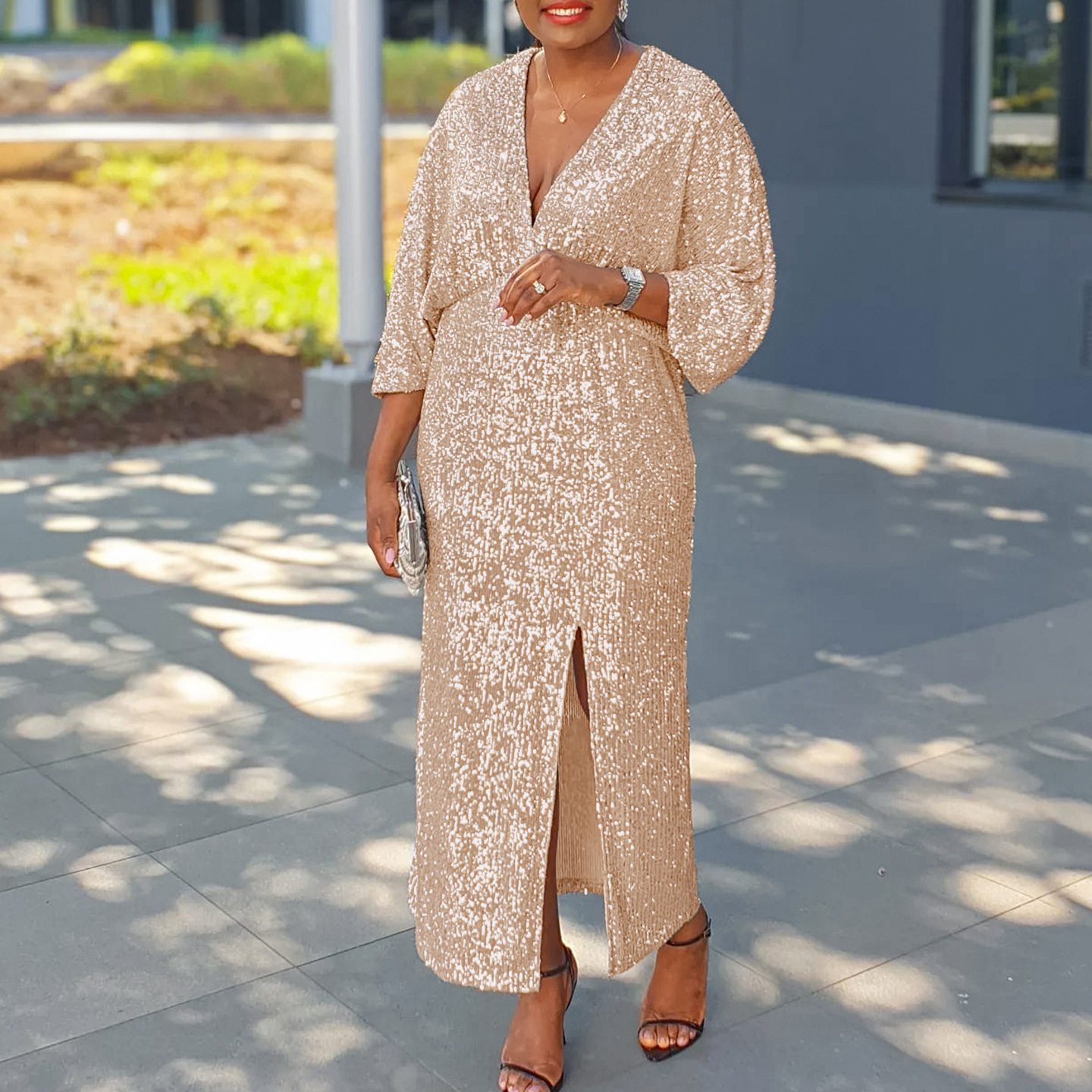 Plus Size Womens Long Dress Loose Fit V Neck Fashionable Sequins Side Slit Autumn Collection Wholesale Available