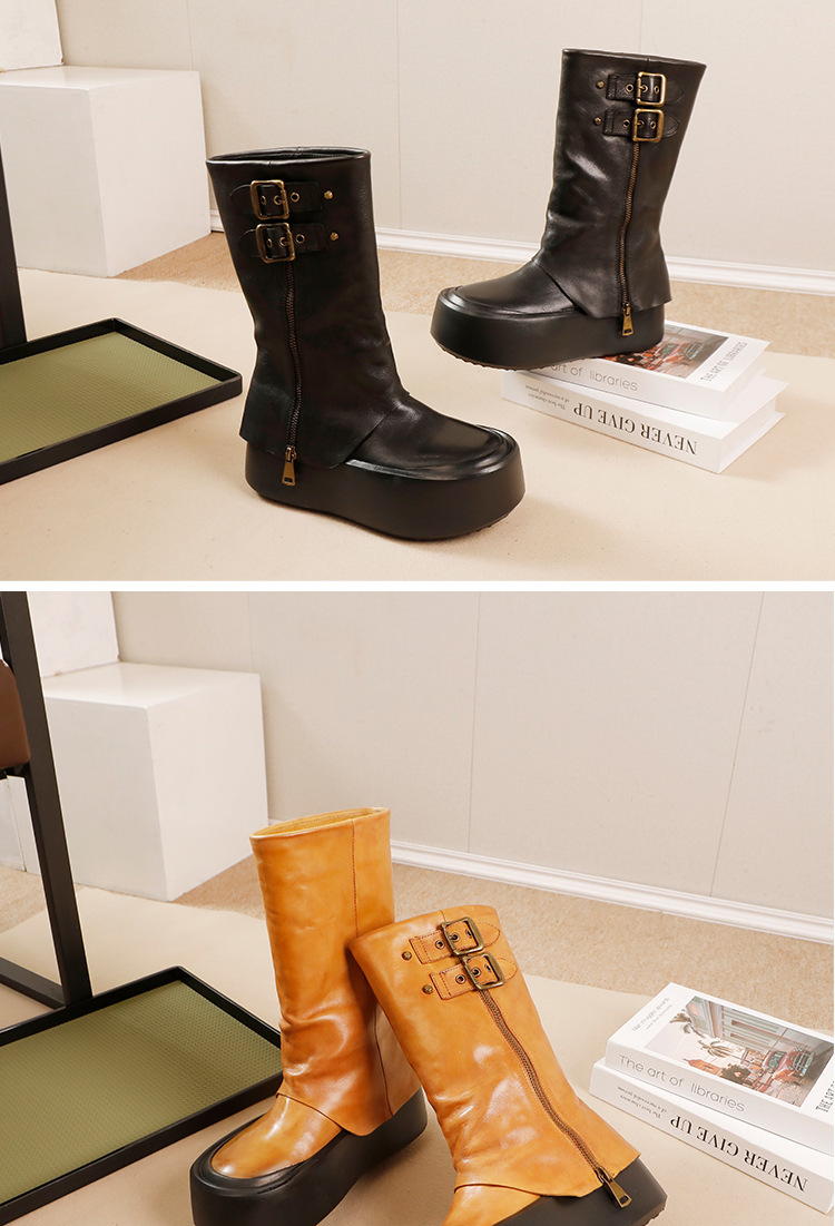 Boot nữ cổ cao da bò thật gót vừa tôn dáng — Màu đen, Màu nâu đậm