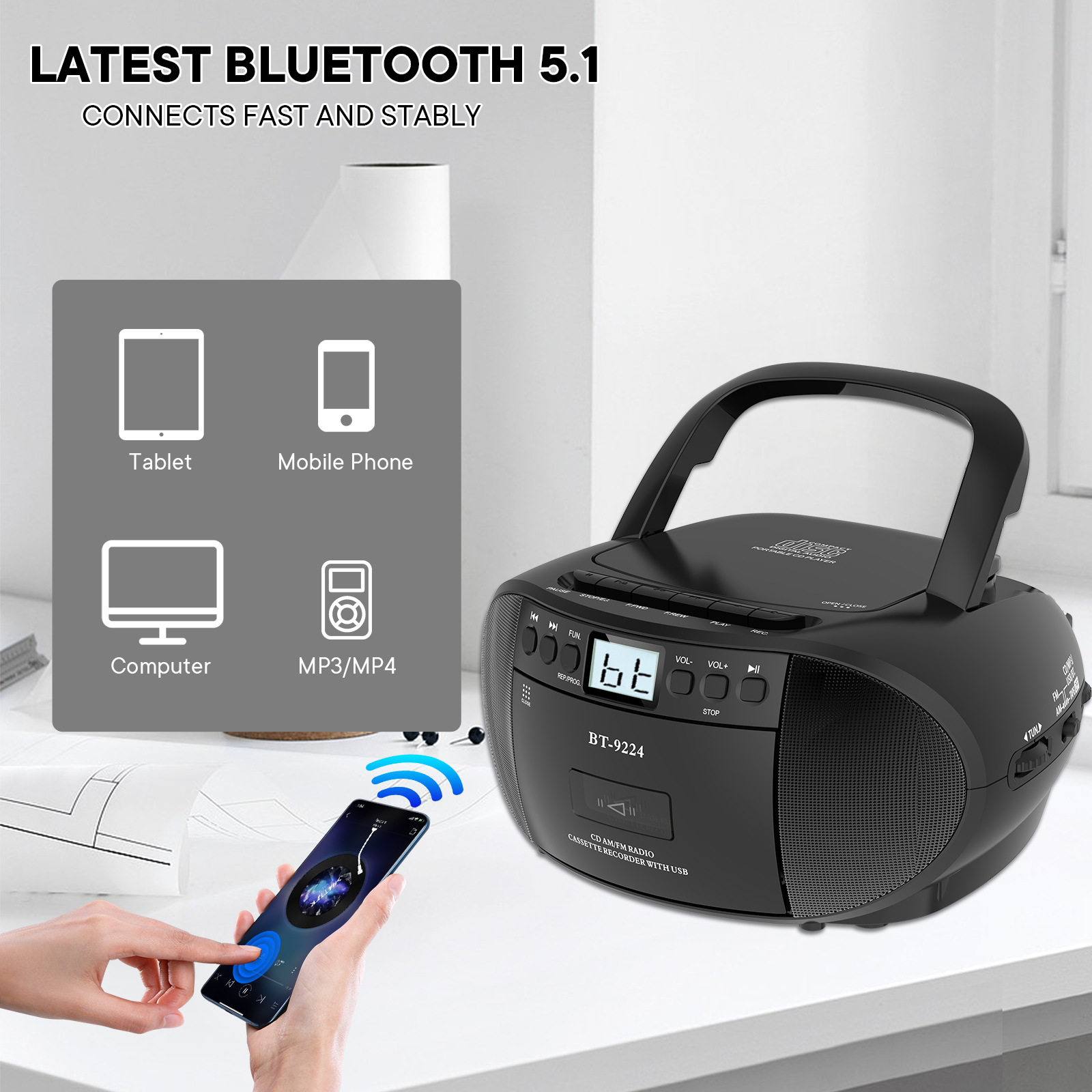 Cross-Border Multifunctional Portable Tape Player Stereo Bluetooth Cd Player Fm Radio Cd Tape Player