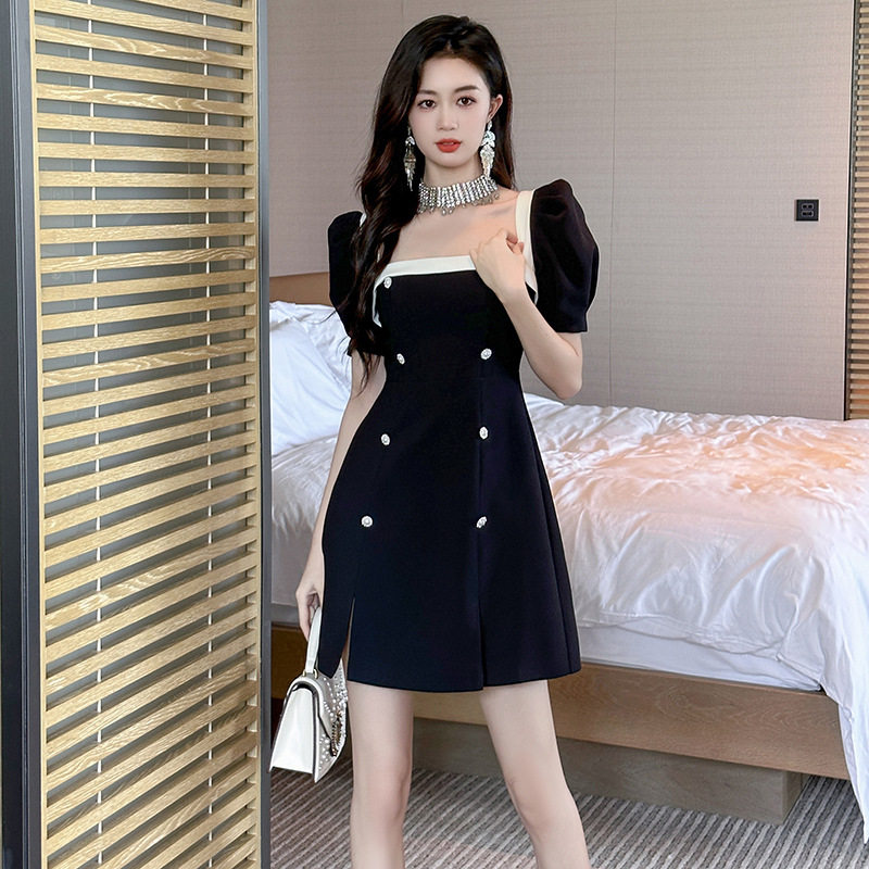 Đầm suông nữ midi cổ vuông tay ngắn, dáng chữ A, nhấn eo, phong cách Pháp — [Đen]