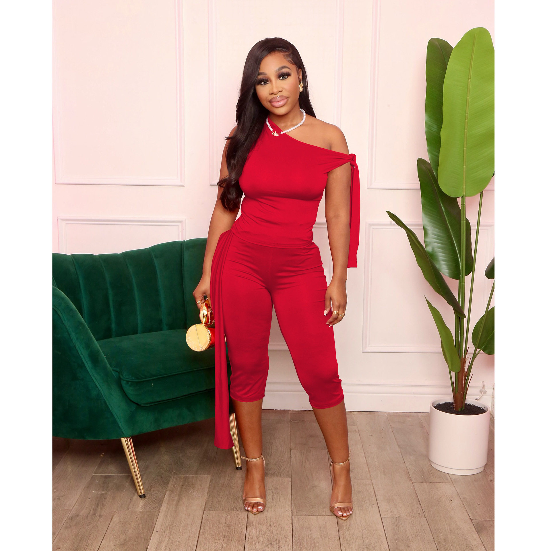 欧美女装2025夏季新款跨境斜肩绑带休闲时尚纯色套装