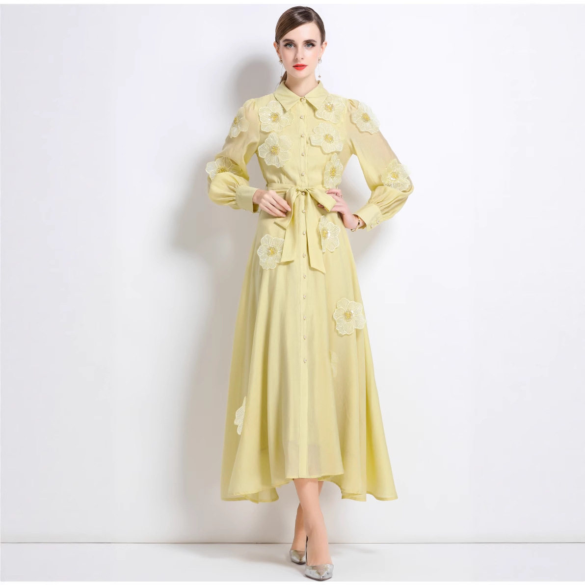 French High End Beaded Floral Long Sleeve Dress Slim Fit Waist Tie Button Closure Autumn Fashion for Women