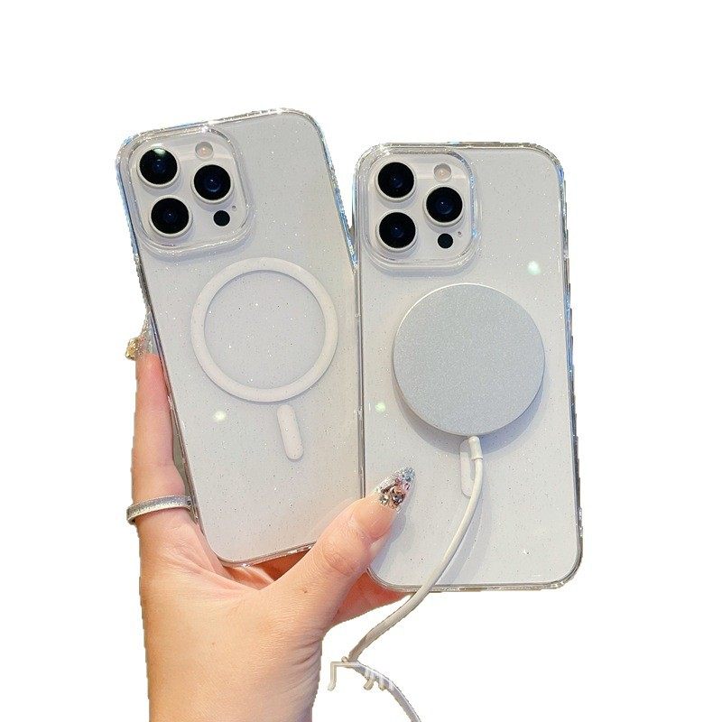 Transparent Glitter Magnetic Suction Suitable for Iphone16Promax Mobile Phone Case Apple 17 Non-Yellowing Pc15 Protective Cover 13