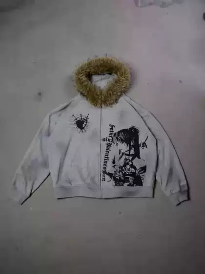 European and American Style Autumn and Winter Plush Hat Sweatshirt Hip-Hop Printed Pattern Pullover Hoodie Street Trendy Y2K Jacket