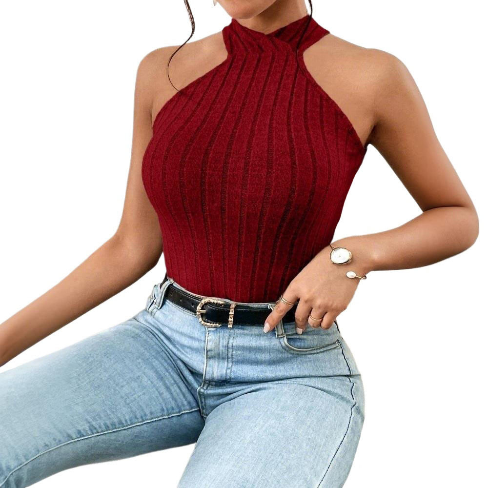 Summer Sleeveless Knit T Shirt Cross Neck Tie Design Solid Color Sexy Style Casual Wear for Women Wholesale
