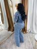 Tk6348 European and American Fashion Women's Sexy High-Elastic Buttoned Washed Denim Casual Suit Two-Piece Set