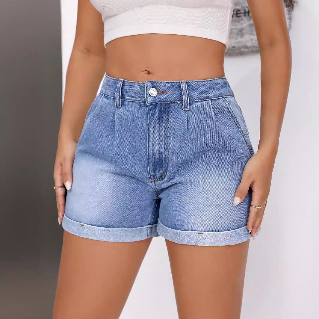 Loose Fit High Waisted Denim Shorts Versatile Flattering Rolled Hem Casual Summer Wear Wholesale Available