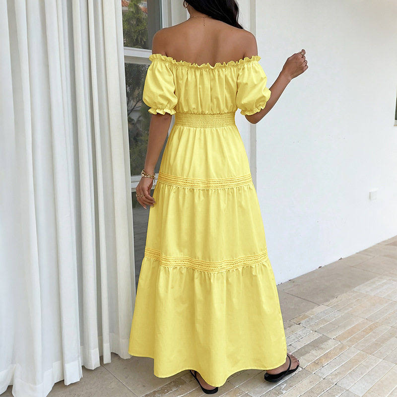 Off Shoulder Puff Sleeve Cake Dress Solid Color Fresh Vacation Style Perfect for Summer Events Wholesale Available