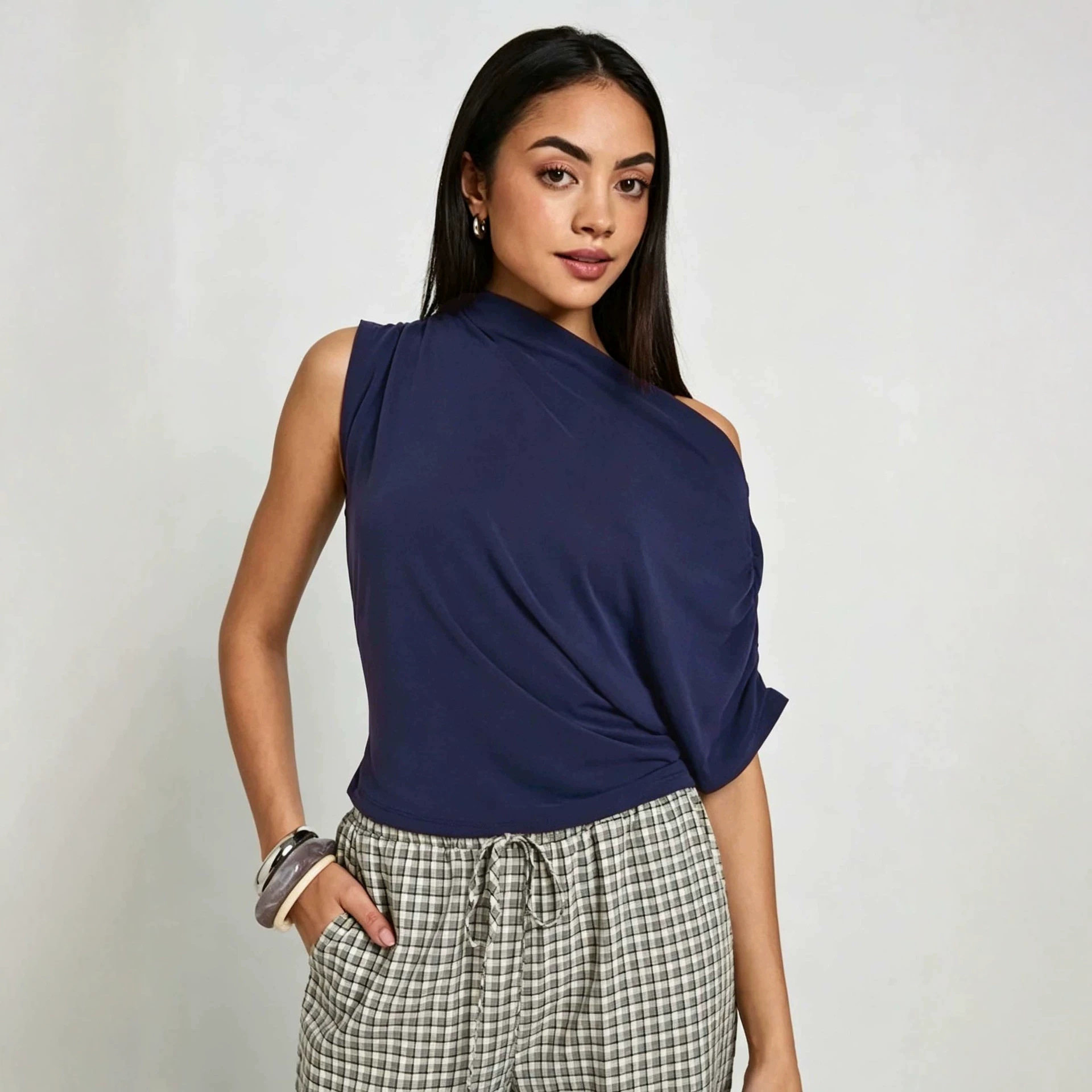 Sleeveless Asymmetrical Top Wrinkle Design Waist Defining Slim Fit Casual Summer Wear for Work Wholesale Available