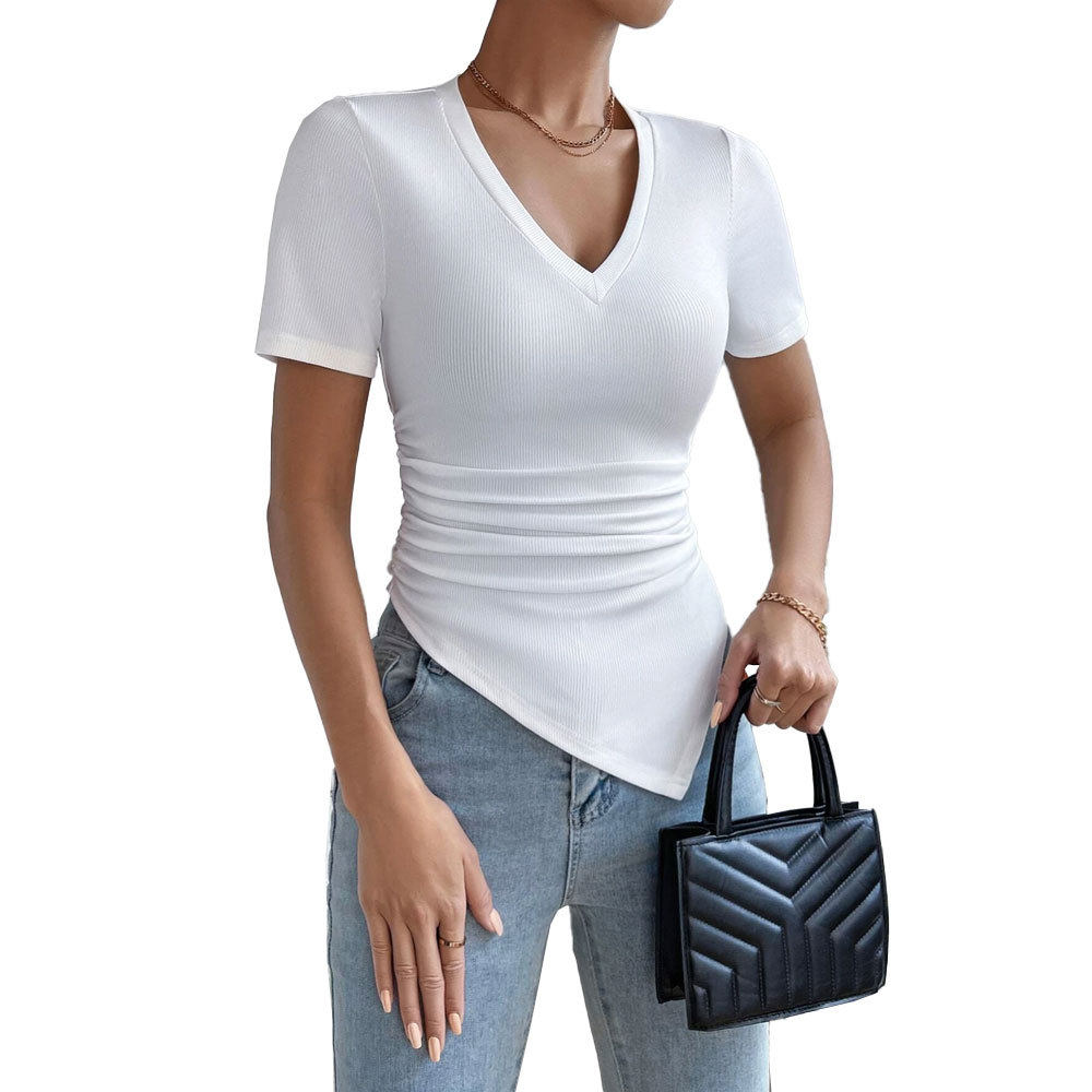 Womens Fashion Top Sexy V Neck Slim Fit Asymmetrical Hem Short Sleeve Stylish and Versatile for Casual Wear