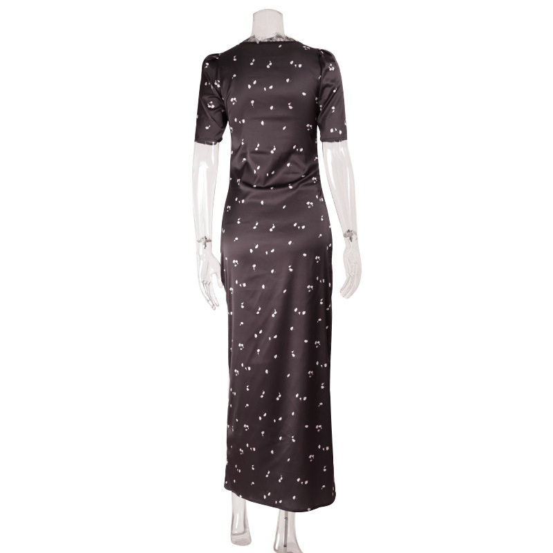 Elegant Womens Dress Satin Lace Panel V Neck Hollow Out Polka Dot Print Mid Length Sleeve Perfect for Parties or