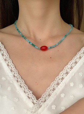 蓝色磷灰石红蓝串珠项链新中式小众设计手工复古国风叠戴锁骨链女